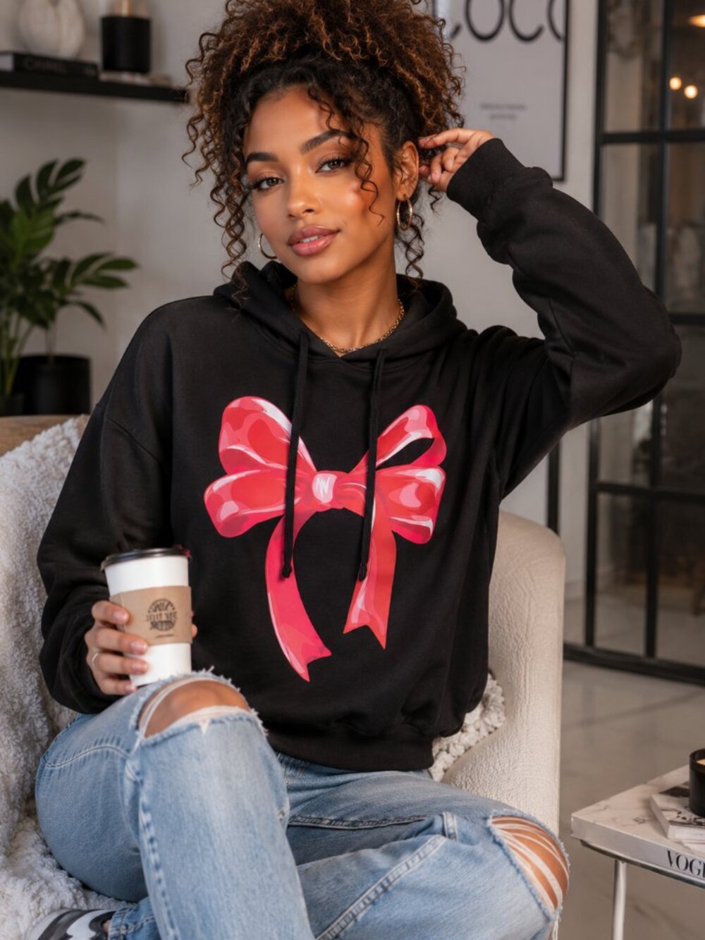 Active USA Black Pink Bow Graphic French Terry Hoodie